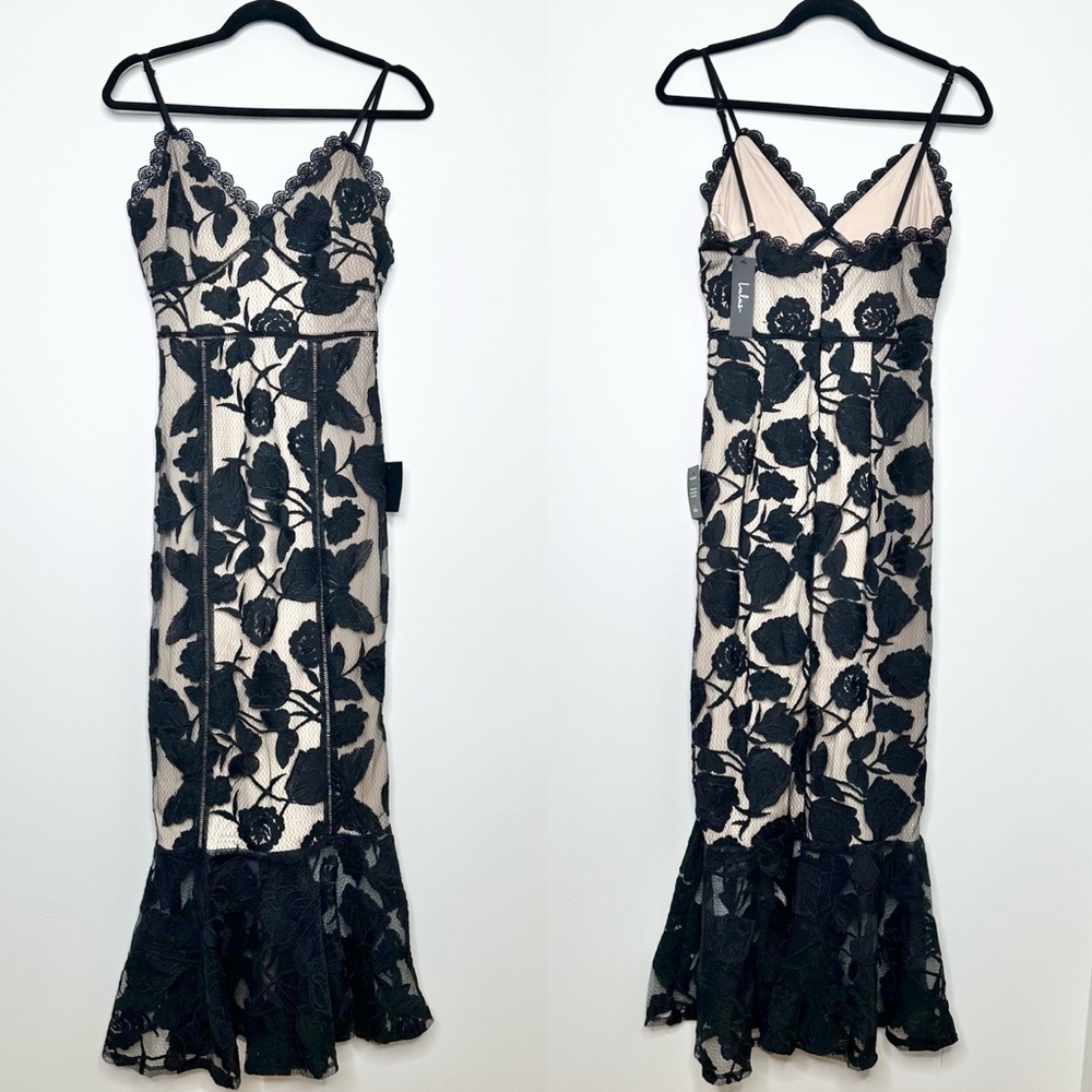 NEW Lulus Alluring Dream Black Floral Mesh Lace Trumpet Midi Dress - Picture 3 of 10